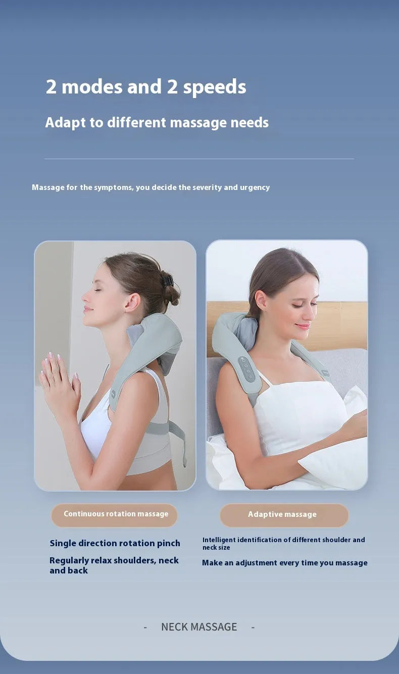 Grey elastic fabric USB neck and back massager with two speed settings and infrared function.