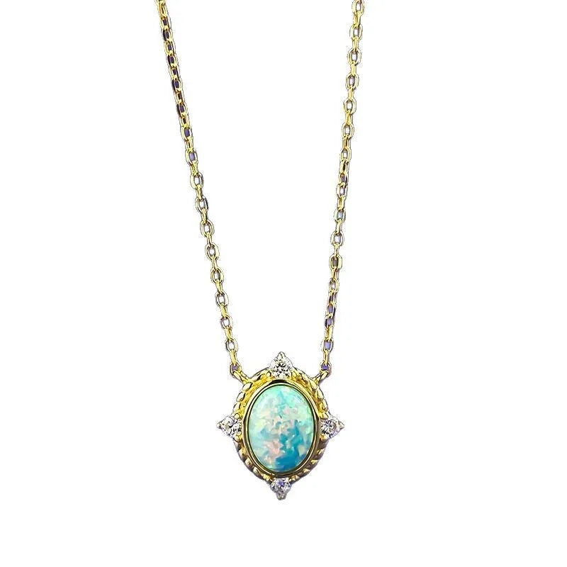 925 silver opal necklace pendant with 6x8mm oval cabochon on adjustable chain