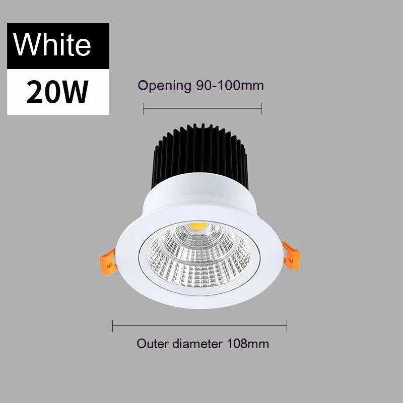Black aluminium embedded LED ceiling spotlight with anti-glare design showing three colour temperature options