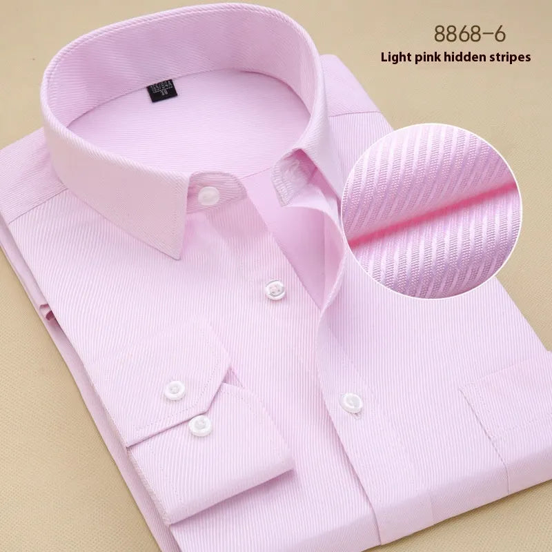 Men's black slim fit long sleeve cotton business shirt with cardigan style on a hanger.