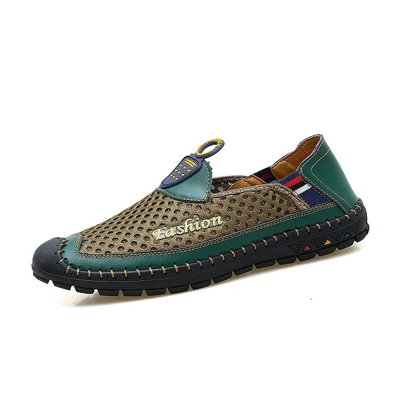 Men's brown mesh casual shoes with round toe and rubber sole on a plain background.