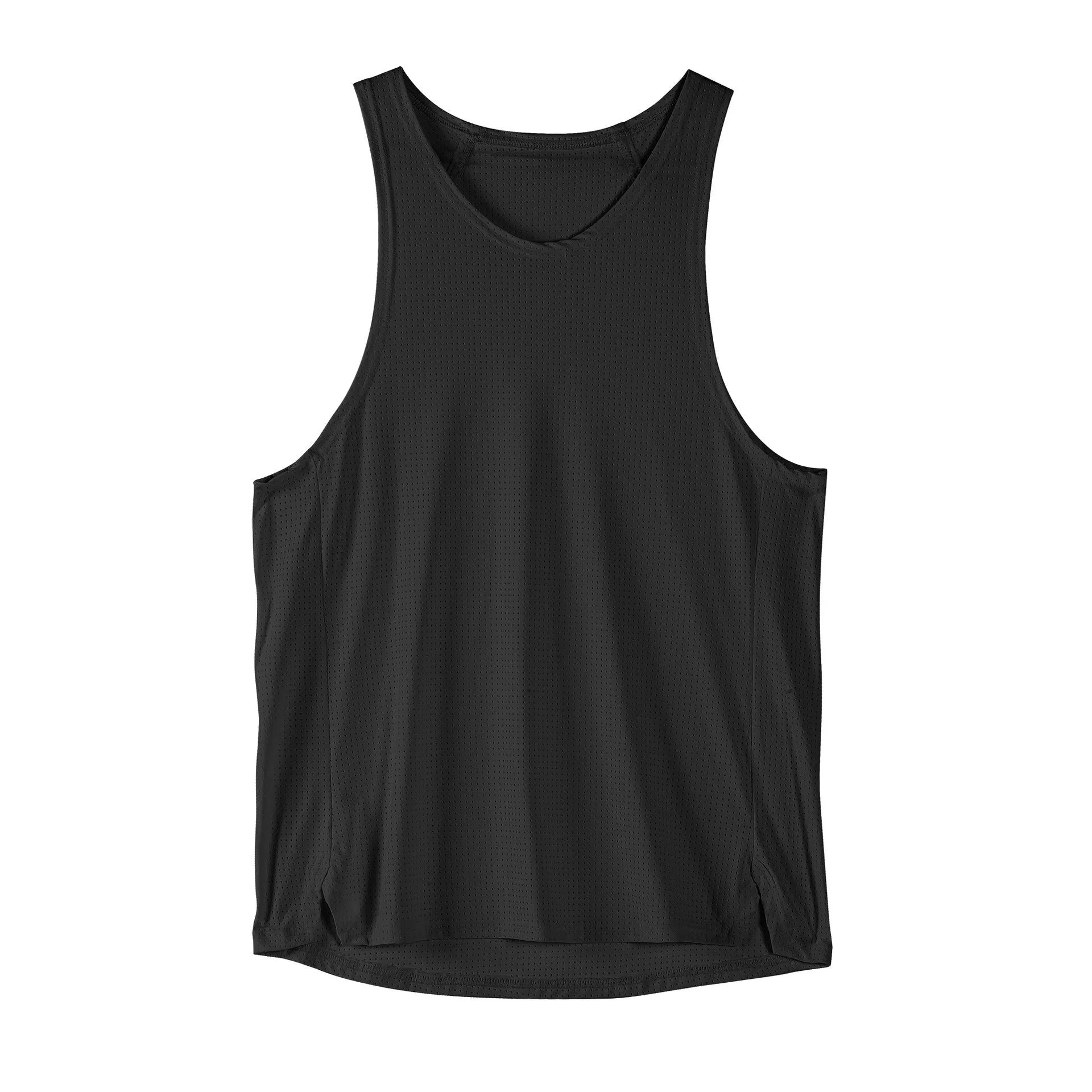 Men's black sleeveless nylon vest for sports and casual wear on a white background.