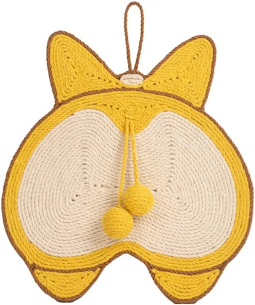 Yellow cat scratching pad with Corgi dog butt design, made from natural sisal with anti-slip base.
