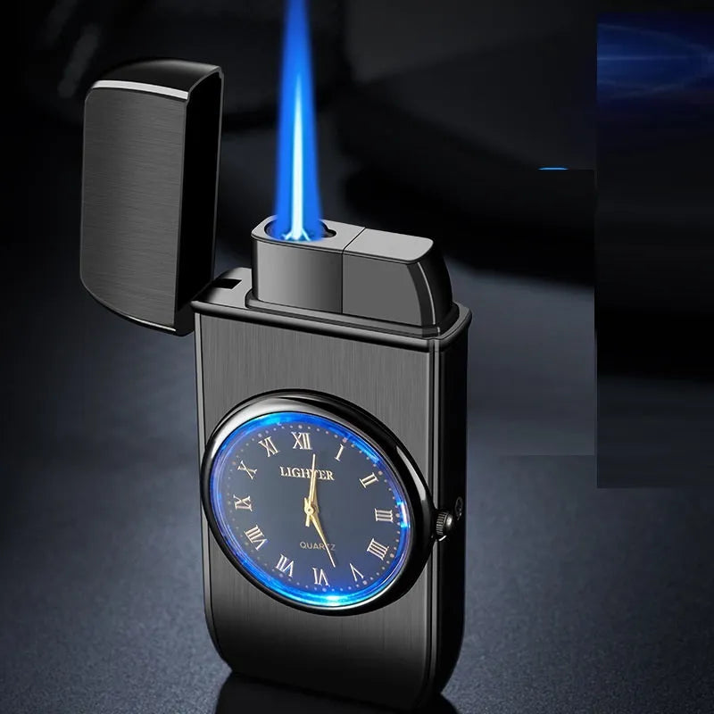 Multifunctional electronic watch cigarette lighter with LED lamp in metal body showing different finish options