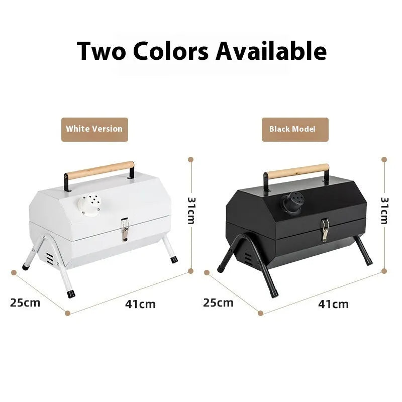 White portable charcoal grill with round chimney oven for frying and baking outdoor cooking