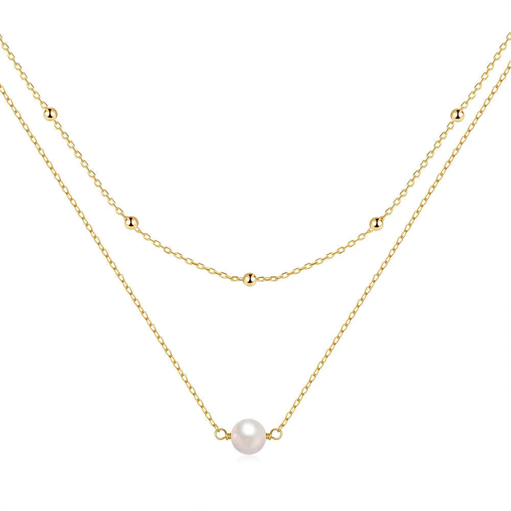 S925 sterling silver double layer twin pearl necklace in geometric design with ball bead chain