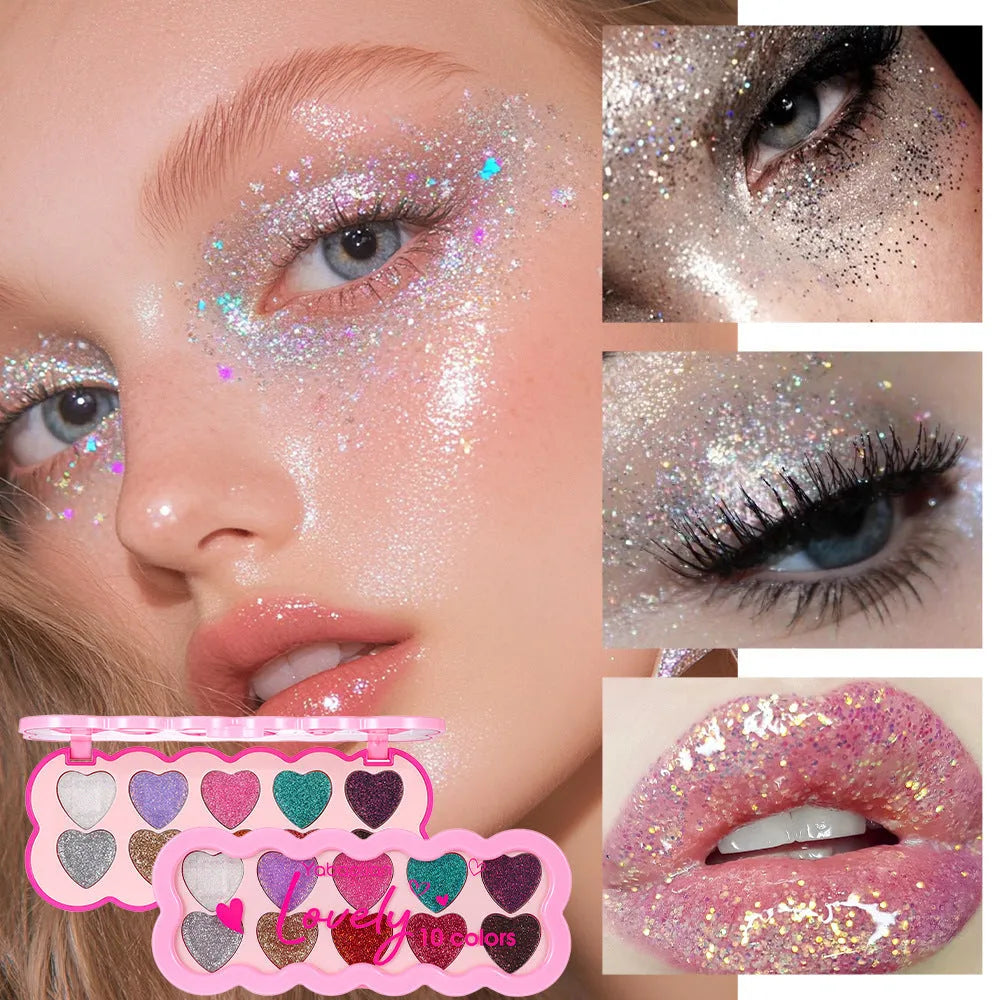 Heart-shaped ten-colour eye shadow palette with pearlescent sequin finishes in white, beige, pink, purple, brown, blue, black, royal blue, maroon, and coral.