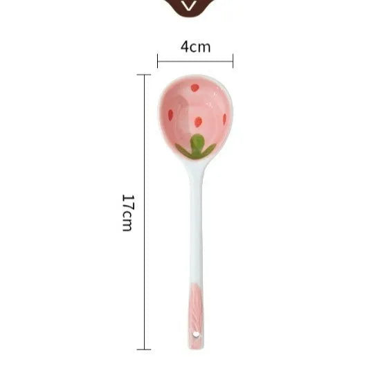 Strawberry pattern ceramic dinnerware set with flower bowls, straw hat plate, and twist spoon