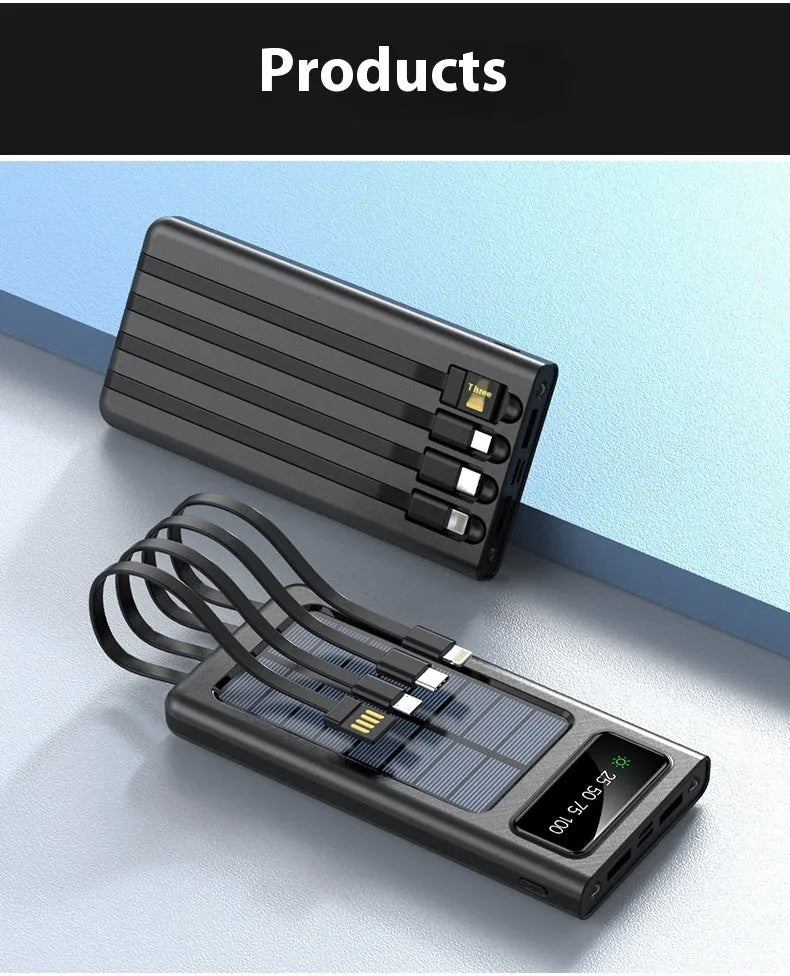 Black solar power bank with integrated charging cable showing 20000mAh capacity and solar panel
