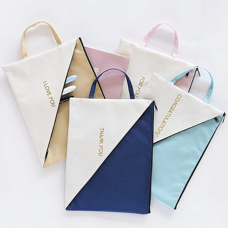 Blue Oxford cloth double-layer zipper document storage bag for A4 papers and test organisation.