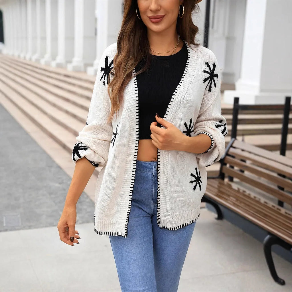 Plus size jacquard knitted cardigan off-neck flower pattern contrast colour street fashion coat acrylic beige