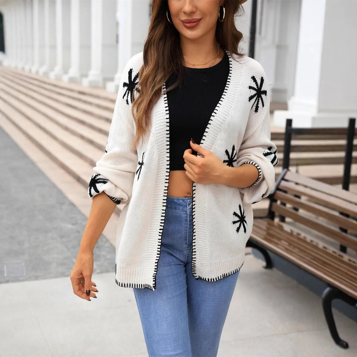 Plus size jacquard knitted cardigan off-neck flower pattern contrast colour street fashion coat acrylic beige
