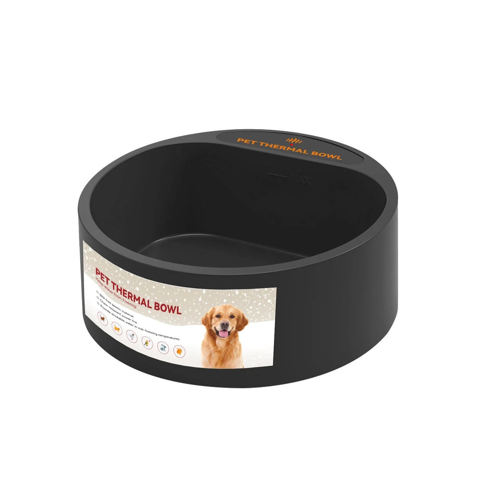 Black ABS plastic electric heating bowl for pets with 2.2 litre capacity.