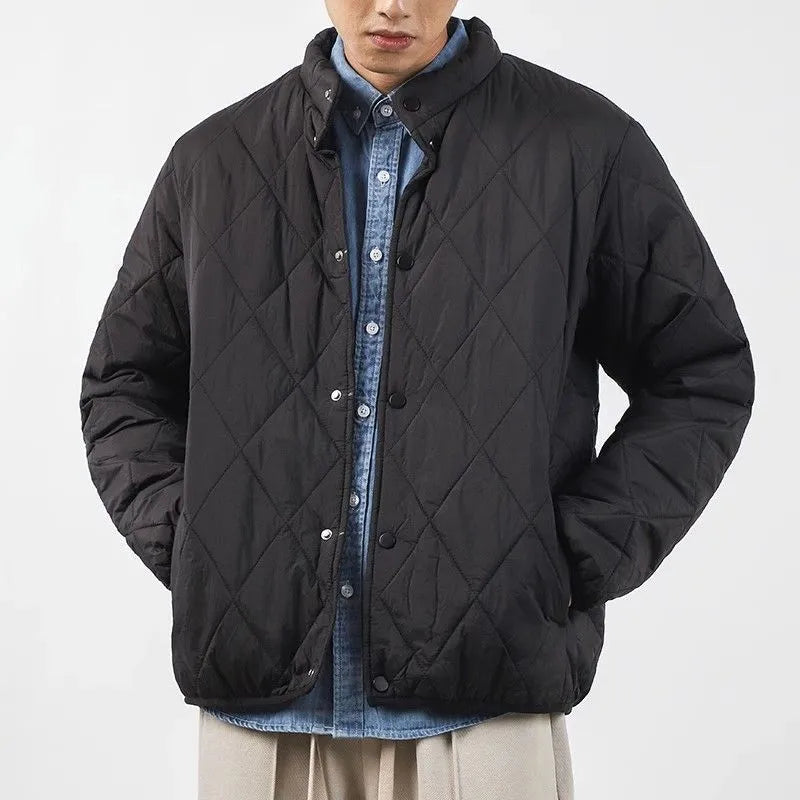 Men's black diamond lattice pattern cotton-padded winter jacket with a lengthened 100cm loose fit.