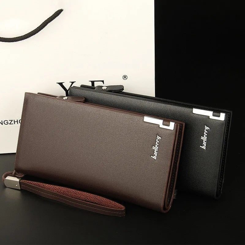 Men's long black PU leather wallet with a zipper, multiple card slots, and RFID protection.