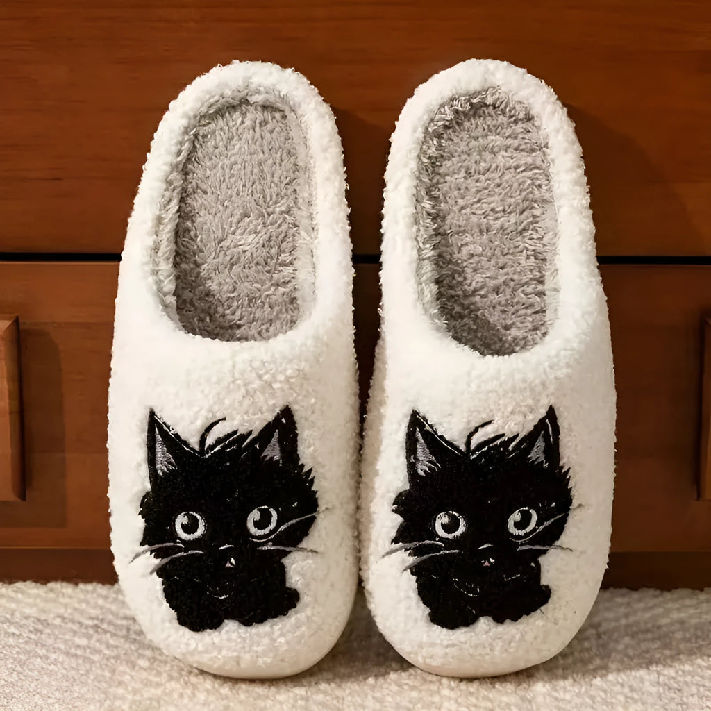 White plush cotton couple slippers with black beard cat cartoon design and non-slip TPR soles