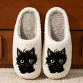 White plush cotton couple slippers with black beard cat cartoon design and non-slip TPR soles