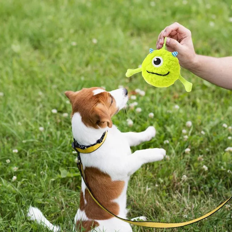 Green plush and TPR interactive sound-activated ball dog toy for teething puppies.