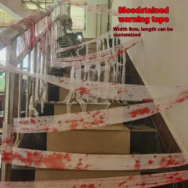 Roll of polyester Halloween horror bandage in bloody cloth red colour, 8cm wide