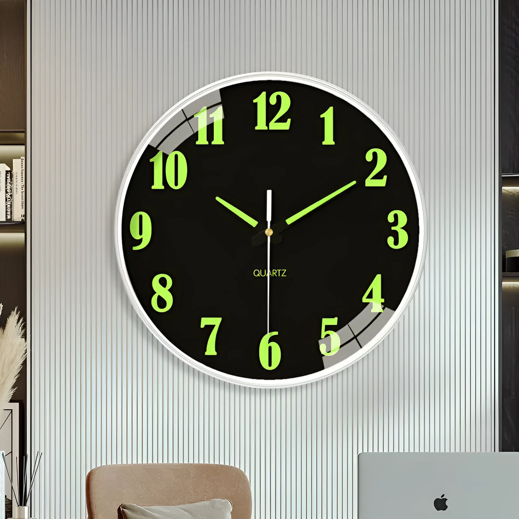 Modern 8 inch luminous wall clock with 20cm diameter white dial on a plastic casing.