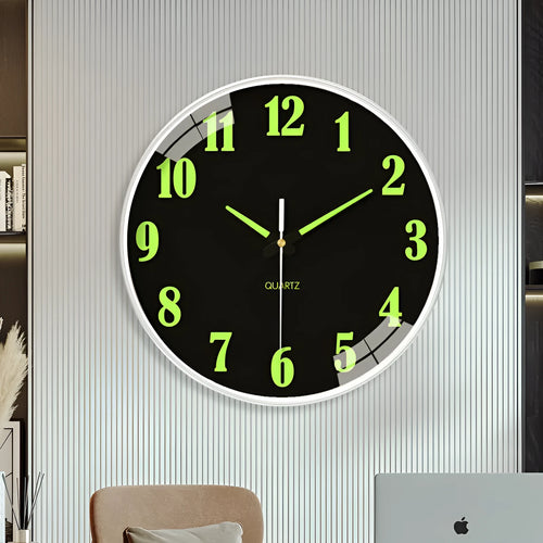 Modern 8 inch luminous wall clock with 20cm diameter white dial on a plastic casing.