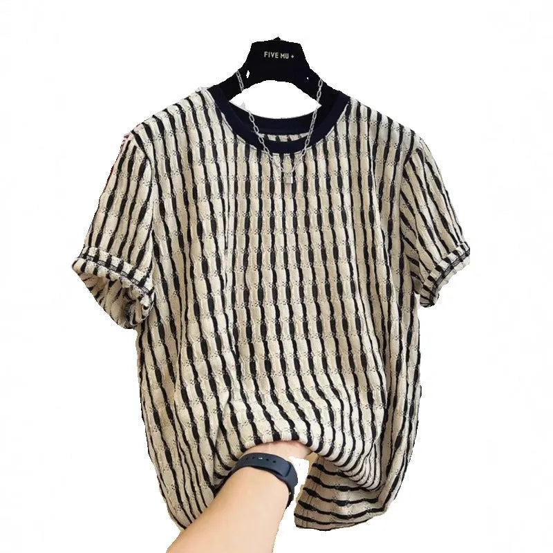Black men's casual shirt with white stripes, loose fit with short sleeves, made from silk and linen.