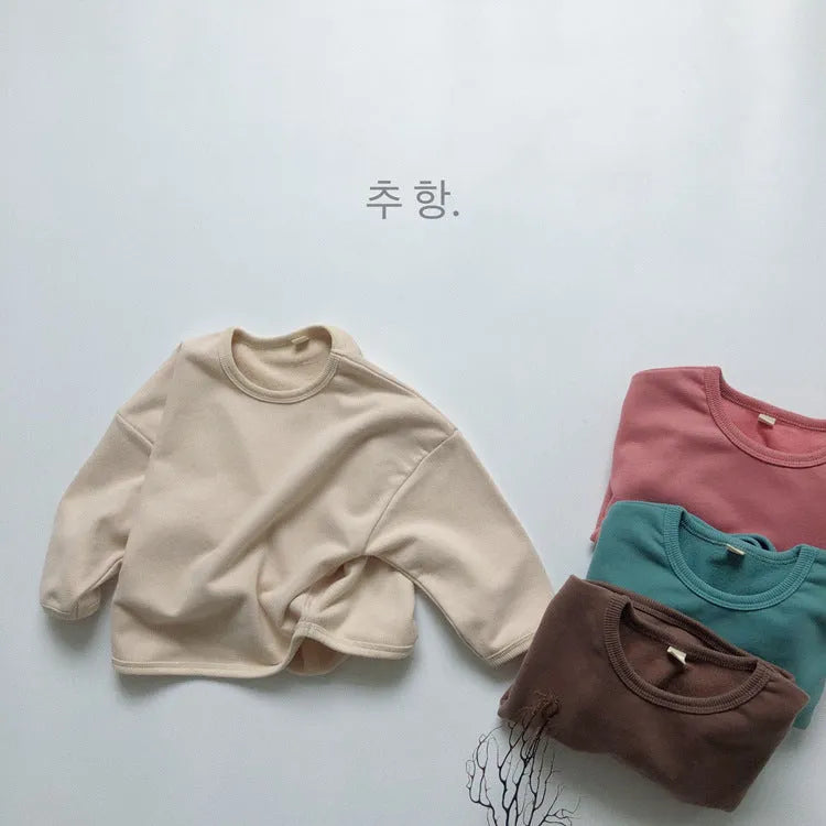 Children's basic long-sleeved sweatshirt in solid colour cotton knit, unisex Korean style, 80-130cm height options