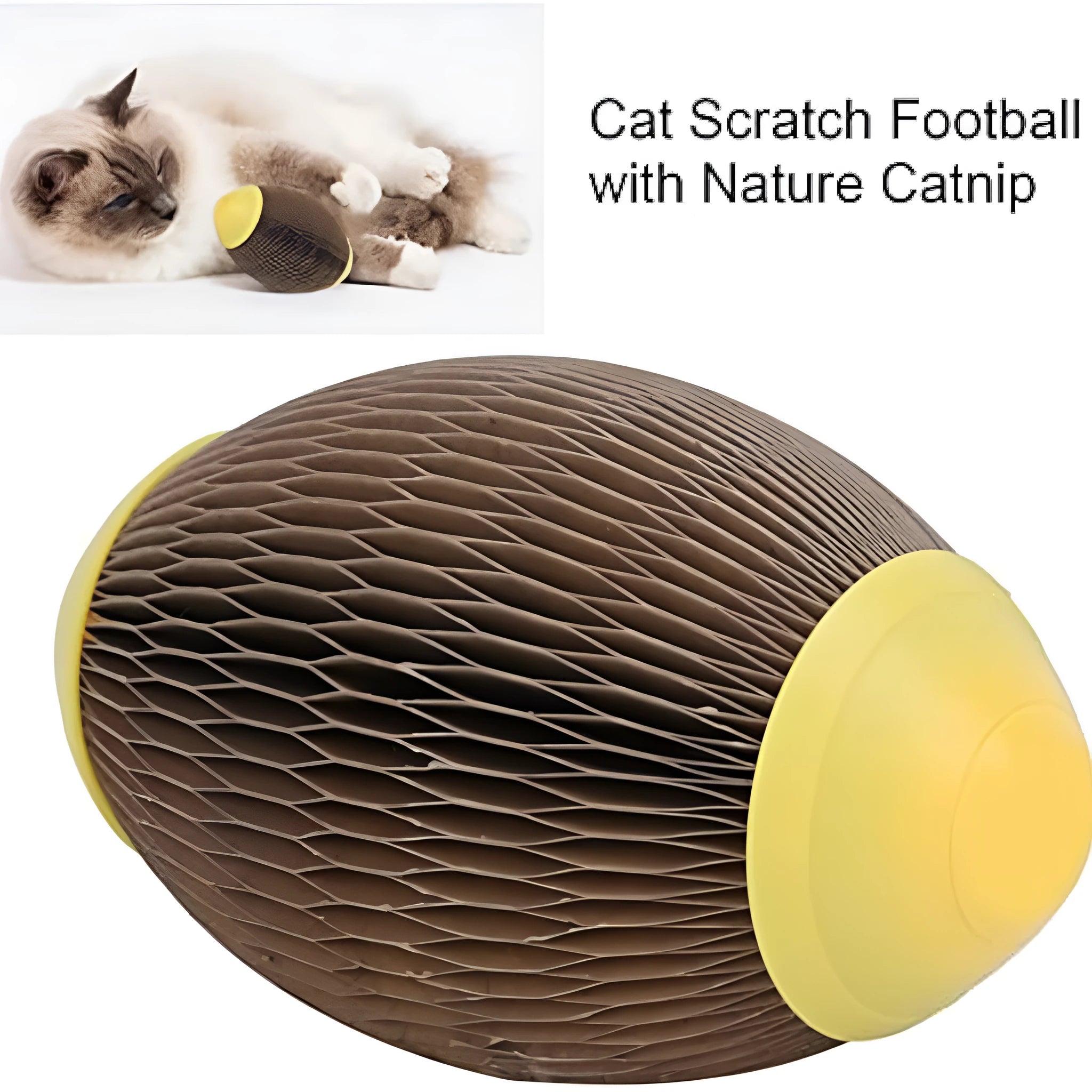Elliptical corrugated paper catnip football toy measuring 65x108mm