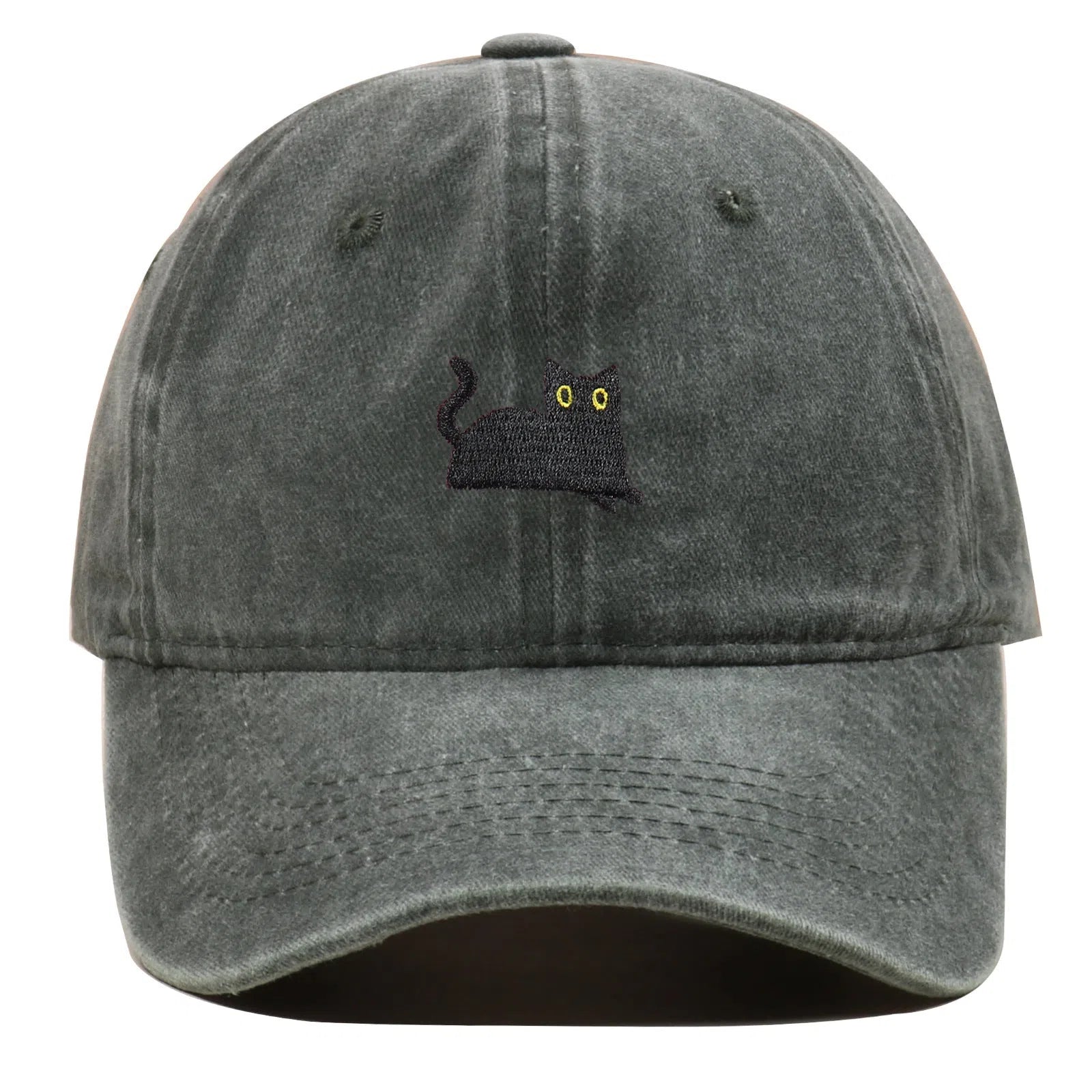 Black cat embroidered washed baseball cap in black, cotton fabric, adjustable size, dome crown style
