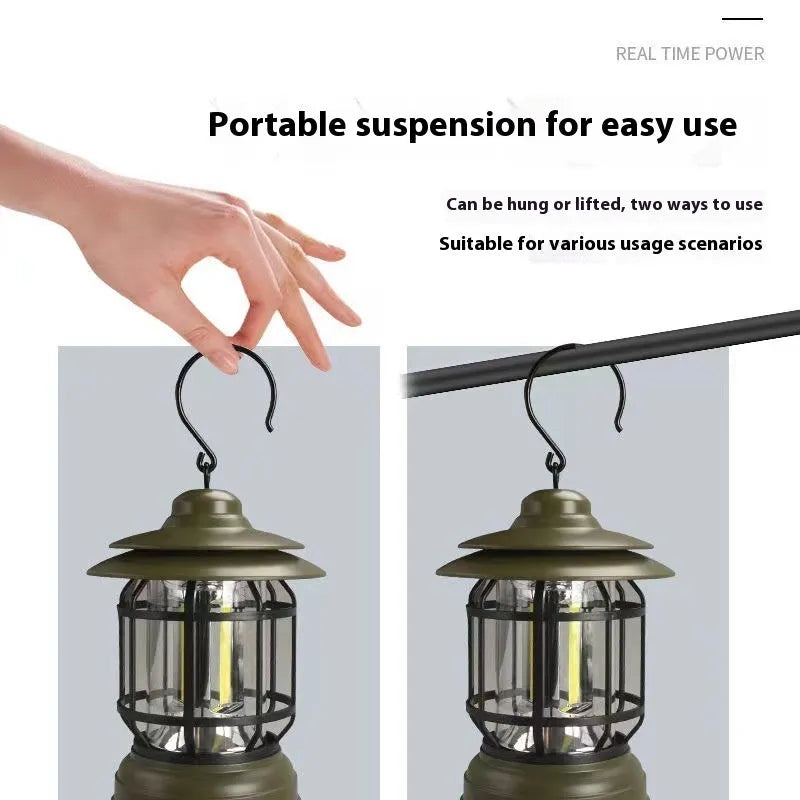 Dark green portable LED camping lantern and head lamp showing compact design and head strap.