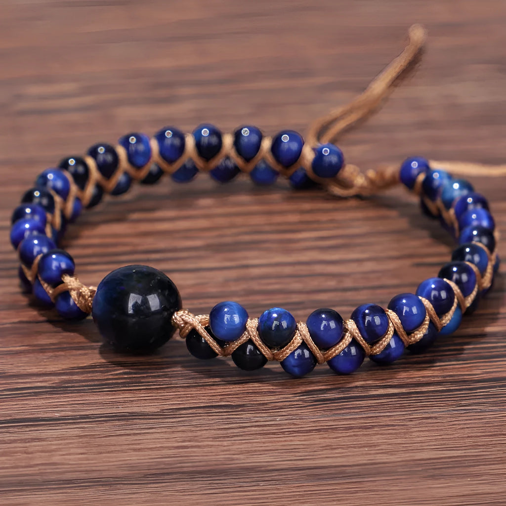 Handmade woven geometric pull bracelet with adjustable cord in blue tigereye or amethyst stone beads