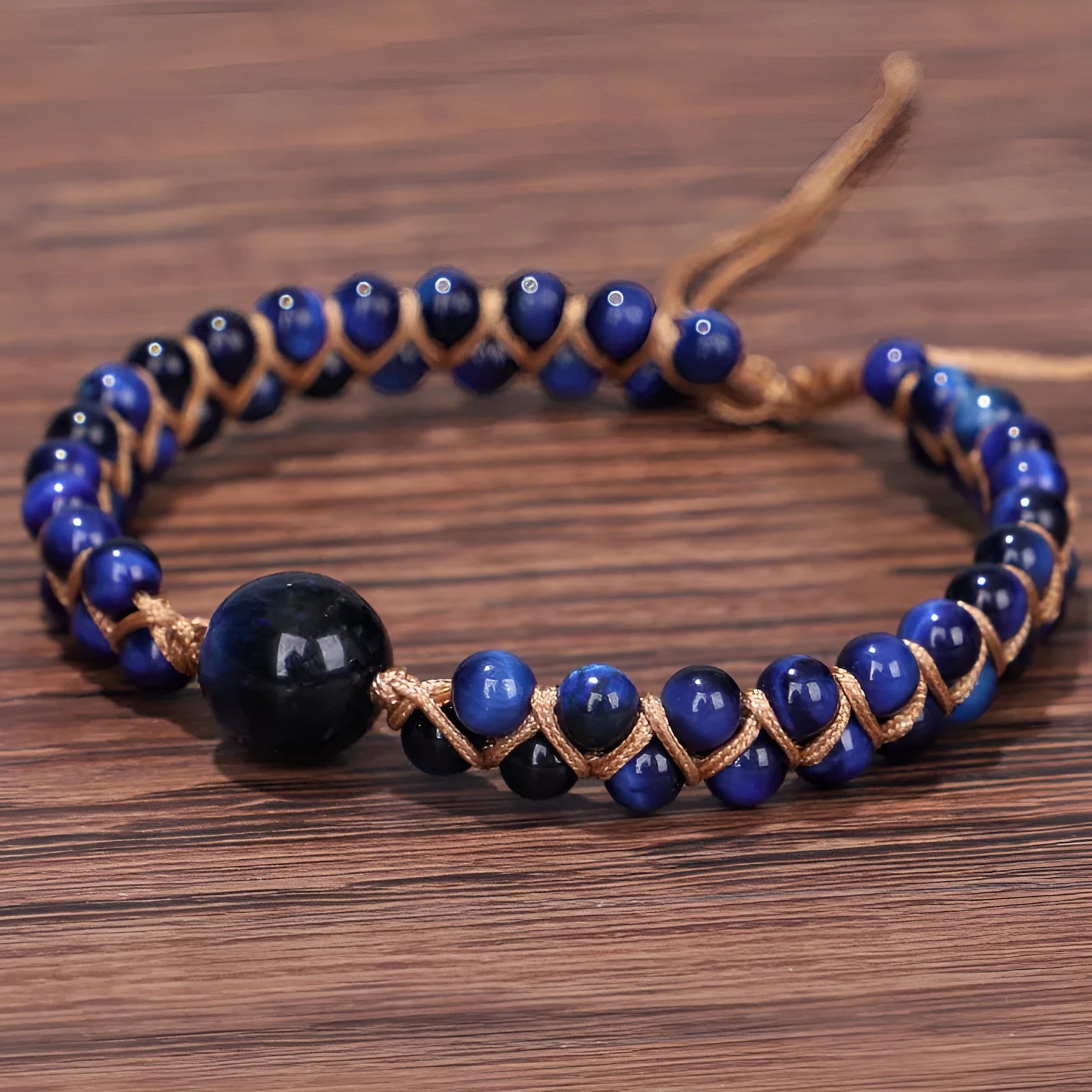 Handmade woven geometric pull bracelet with adjustable cord in blue tigereye or amethyst stone beads