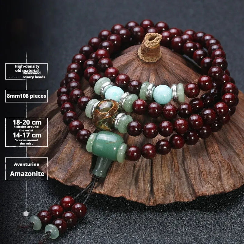 Men's rosewood bracelet with 108 beads, showing 6mm and 8mm size options alongside styles like lapis lazuli and turquoise.