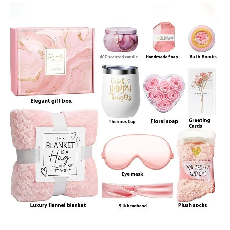 Aromatherapy gift set with candle, soap, and bath products inside a modern plastic storage box.