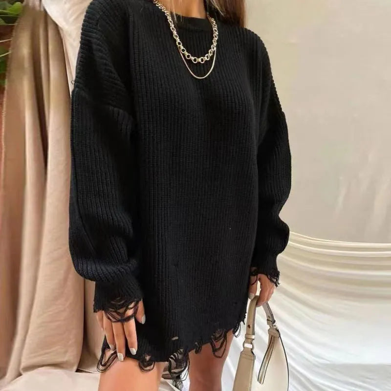 Loose hole knitted pullover sweater for women in solid colour Rose Red, black, and khaki