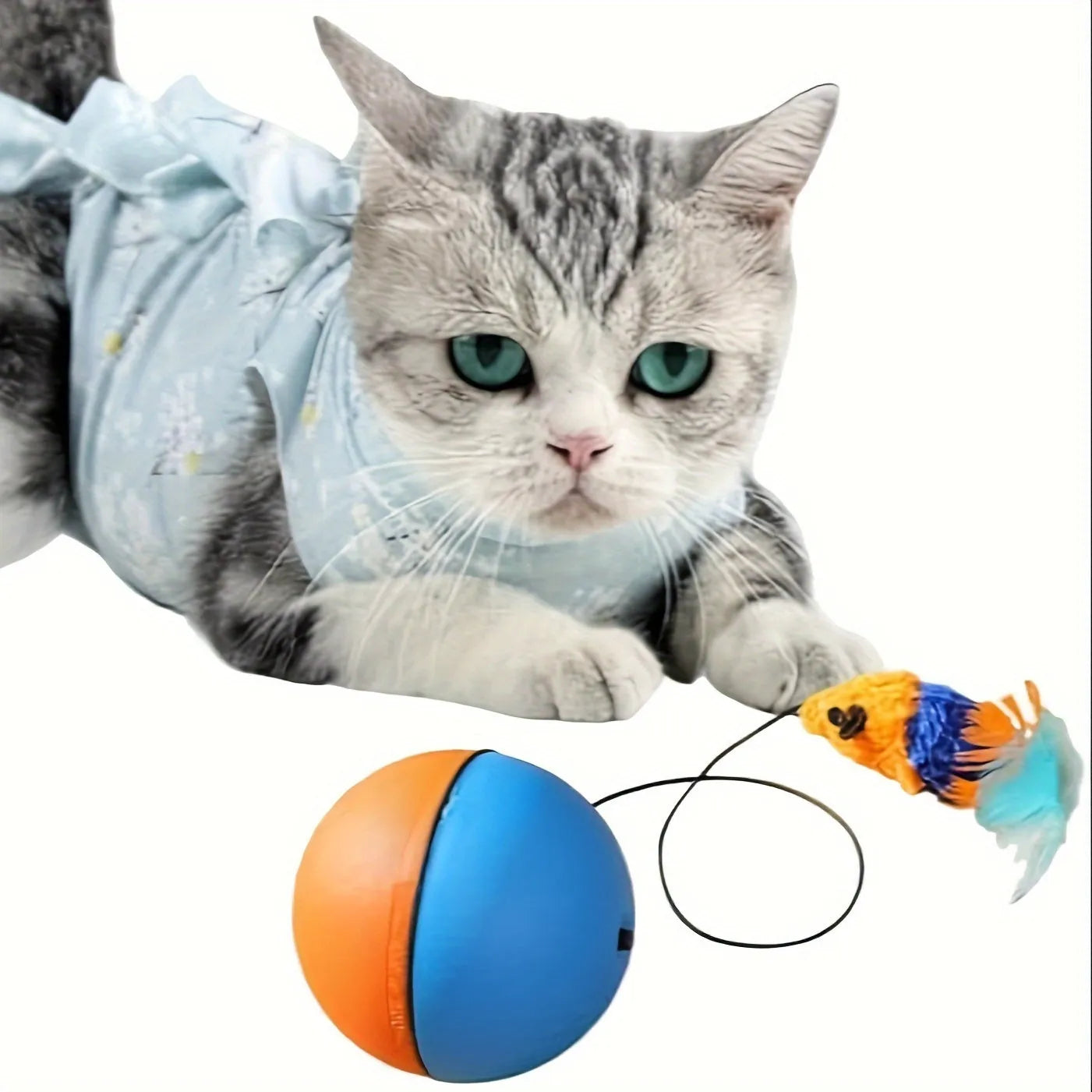 Blue and orange interactive cat toy ball with plush mouse interior and feather wand teaser for feline exercise