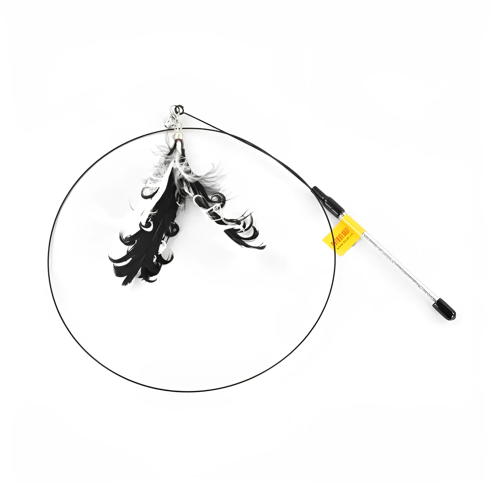 Black cat toy stick with bird feather wire end measuring half a metre in length