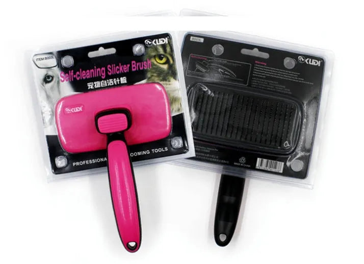 Automatic dehairing comb with stainless steel teeth and rose red handle, for dog and cat grooming, on a white background