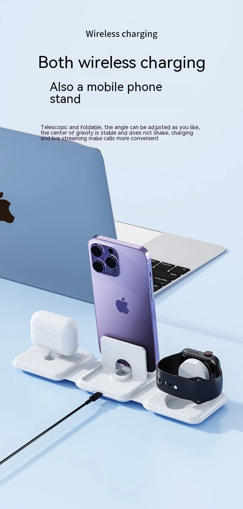 A75 Three-in-one Wireless Charger in white, charging a smartphone, earbuds, and smartwatch on a desk