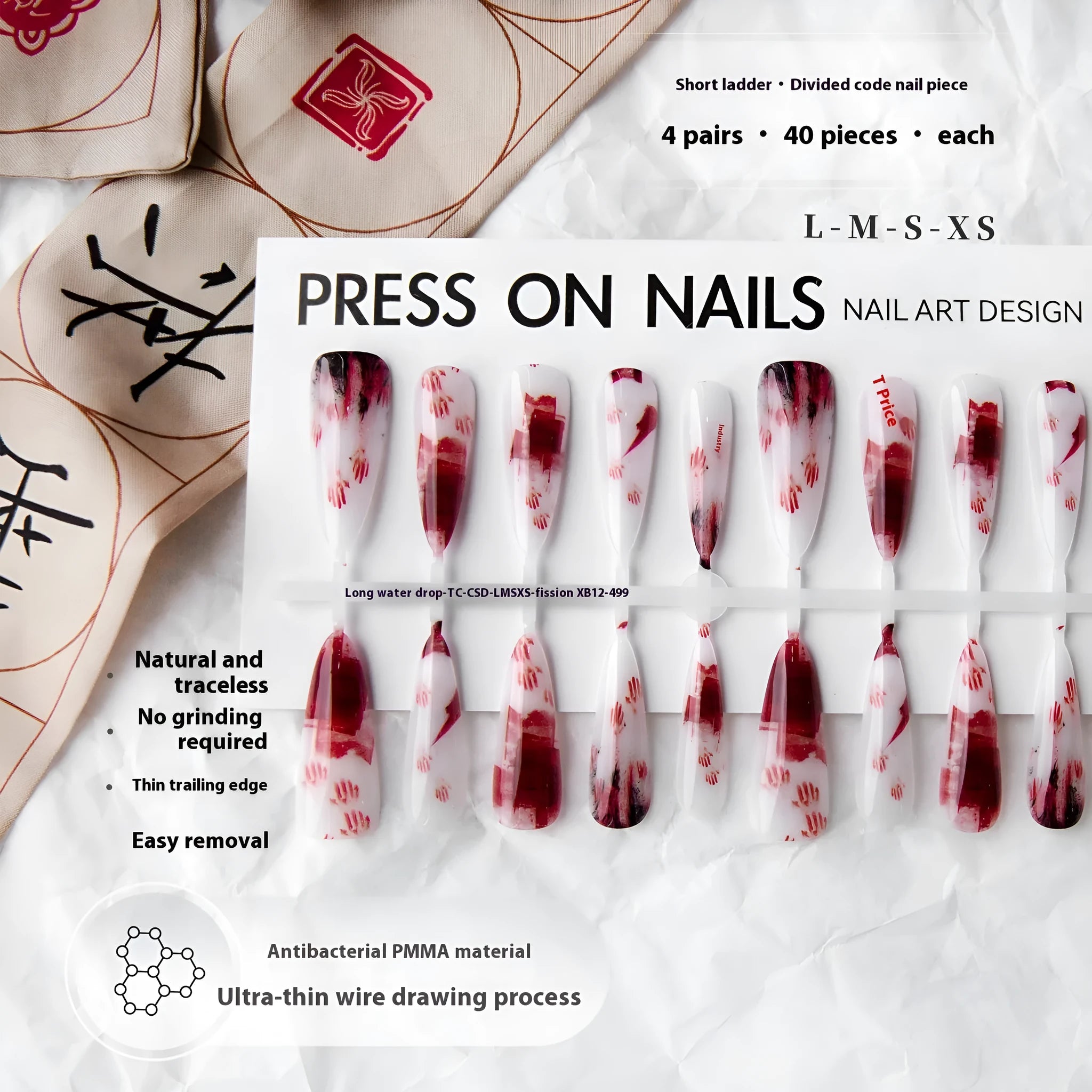 40-piece fission colour glossy long water drop nail stickers in retro ultra-thin seamless style