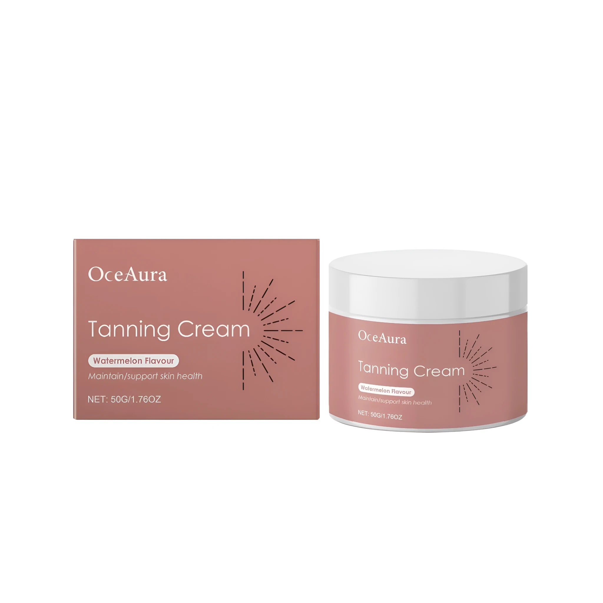 50g tube of tanning cream with coconut oil and vitamin E on a white background.