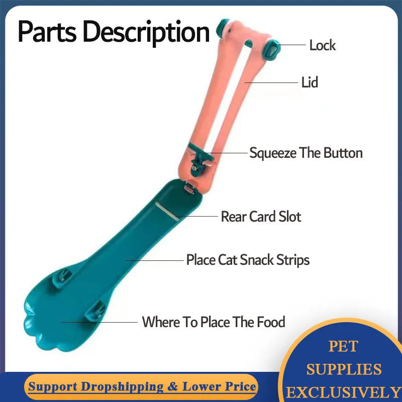 Pink and green pet feed spoon with squeezer mechanism for wet food and treat dispensing