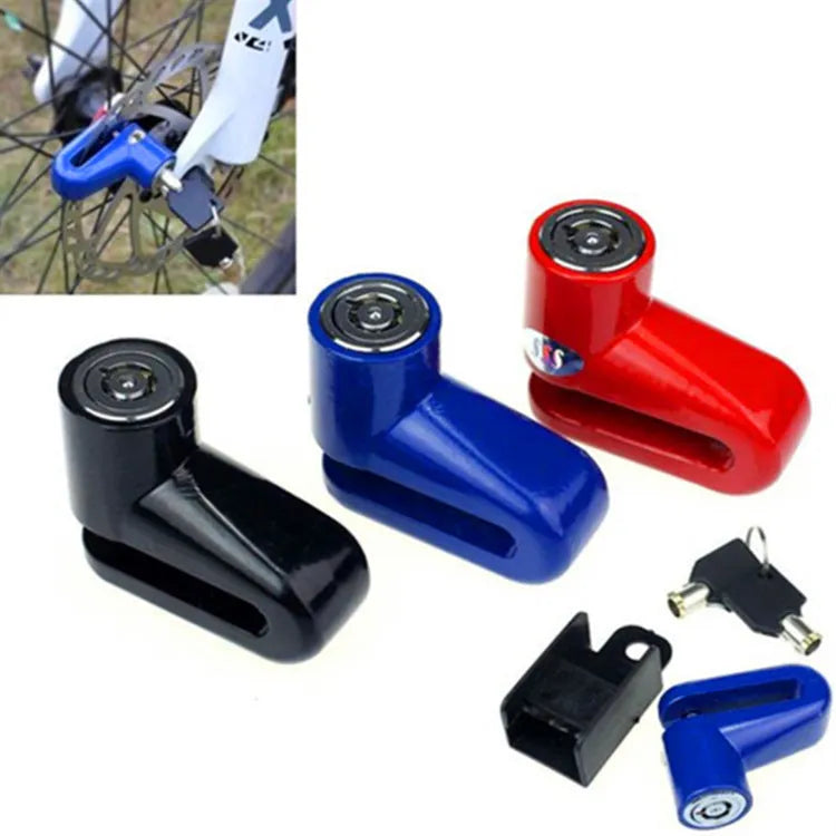 Iron disc brake lock for bicycle or mountain bike with red reminder rope on disc rotor