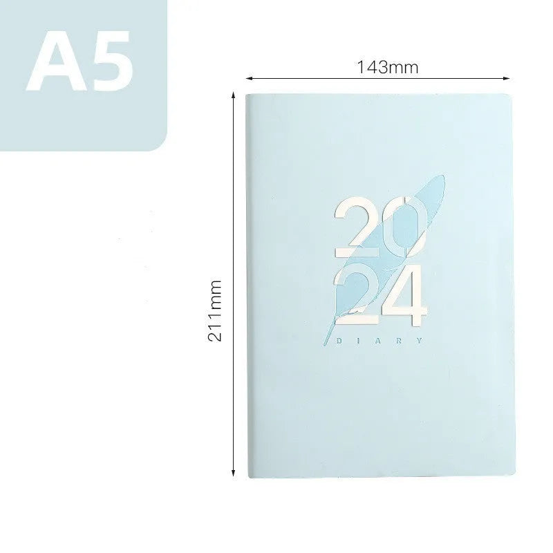 2024 English Schedule Book Daily Planner with blue imitation leather cover, 143 x 211mm