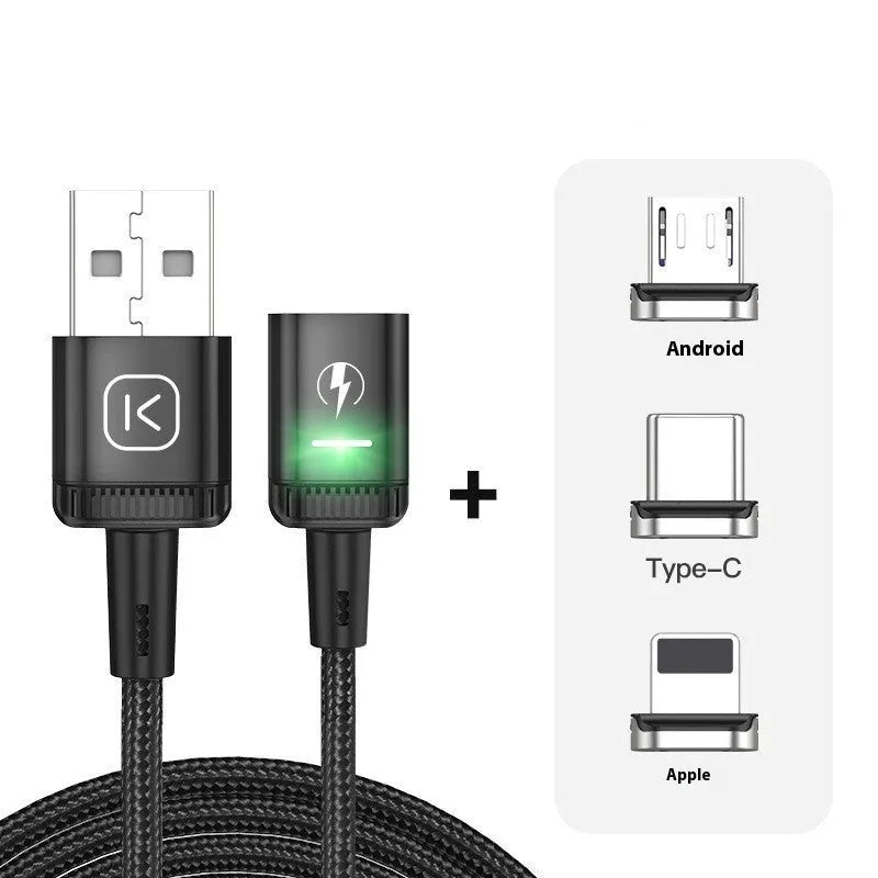 3-in-1 magnetic absorption data line with woven cable, aluminium alloy ends, Lightning Micro USB TYPE-C ports, black