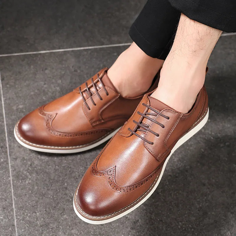 Men's black and brown slip-on business casual shoes with round toe and low-top profile
