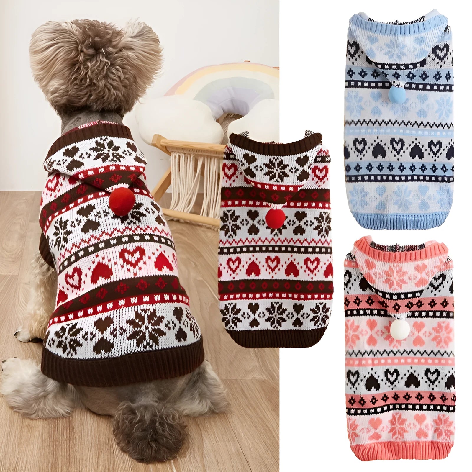 Acrylic knitted dog jumper with snowflake love stripe camouflage pattern in blue pink grey colour options