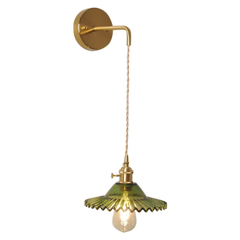 Retro copper lotus wall lamp with glass shade in choice of six colours, suspended from a wall