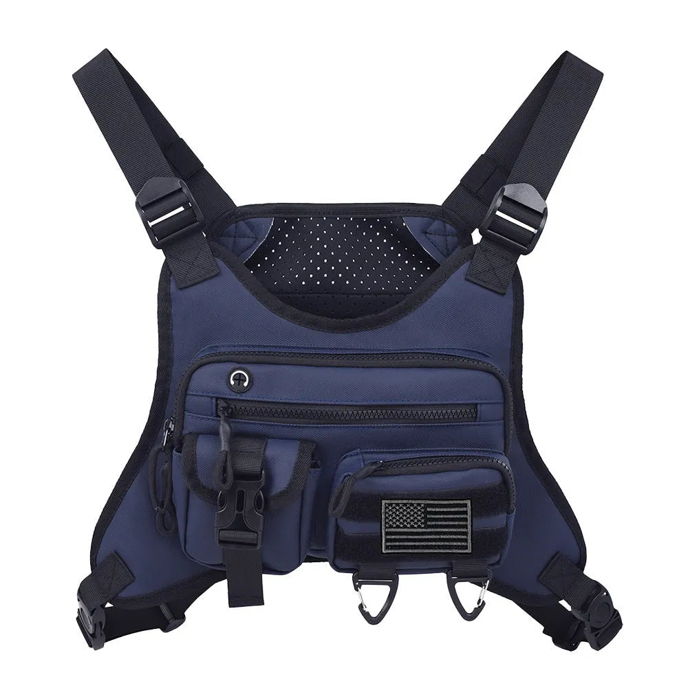 Oxford cloth chest bag with vest design in black, gray, or blue for outdoor sports