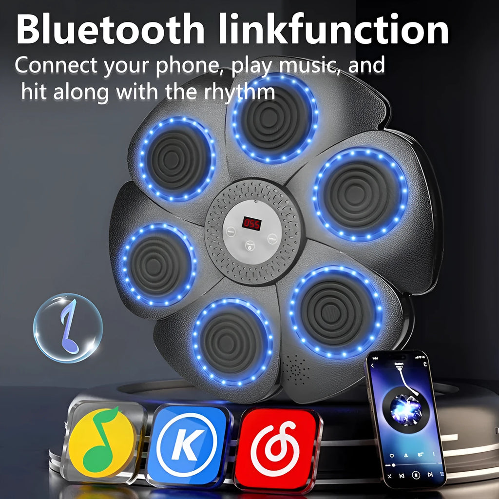 Black smart music boxing machine wall target with LED lights and Bluetooth connectivity